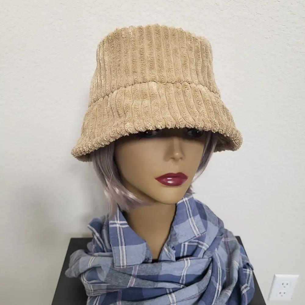 Tan Bucket Hat Womens One Size Soft Wide Corduroy Soft Cozy Winter Fall Casual